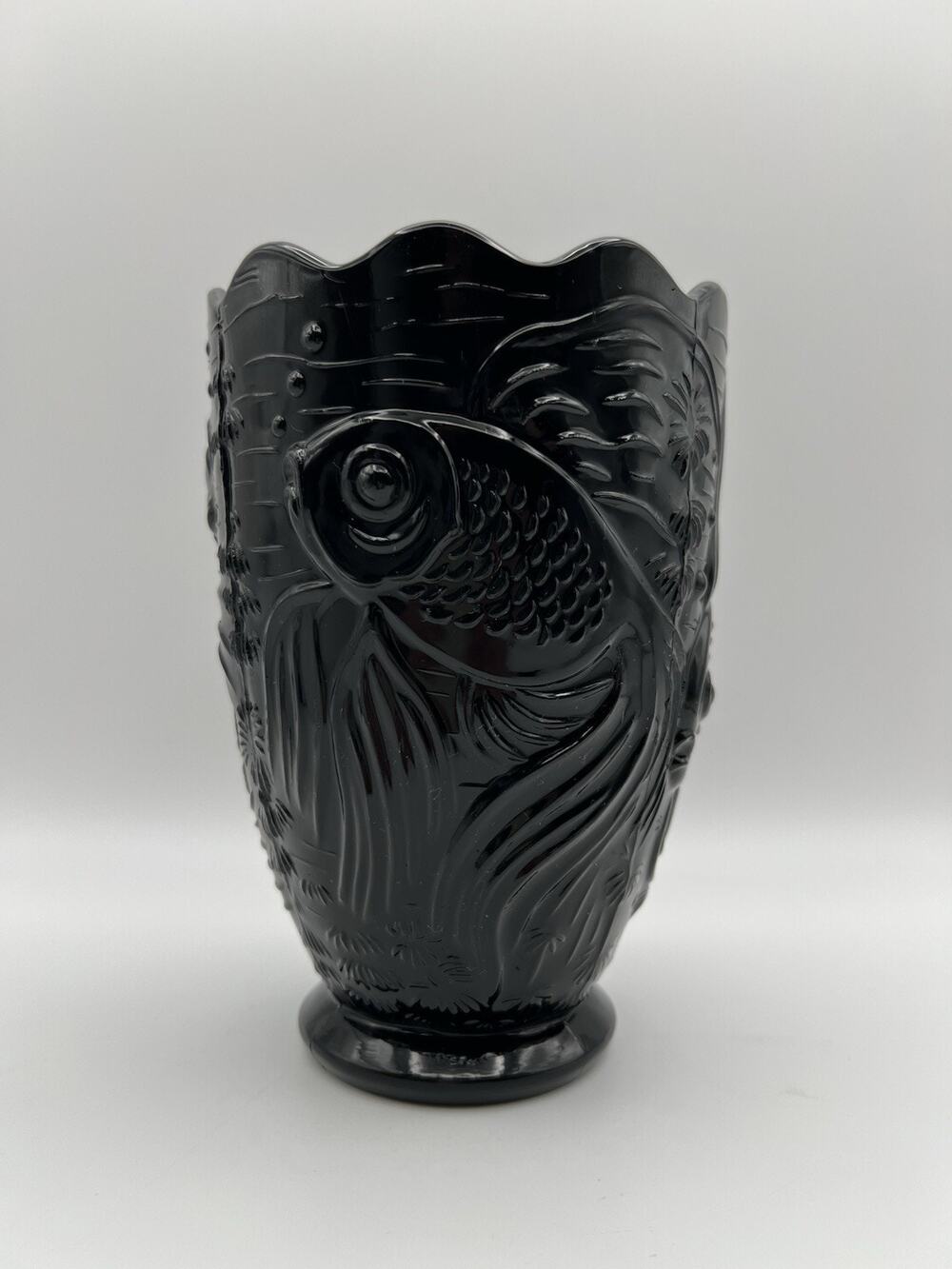 Sarsaparilla Black Glass Vase with Goldfish Koi Fish 7.5” Wavy Rim Vintage #766